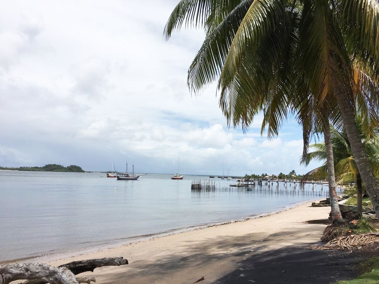 Une plage avec des eaux calmes, des bateaux et un quai.