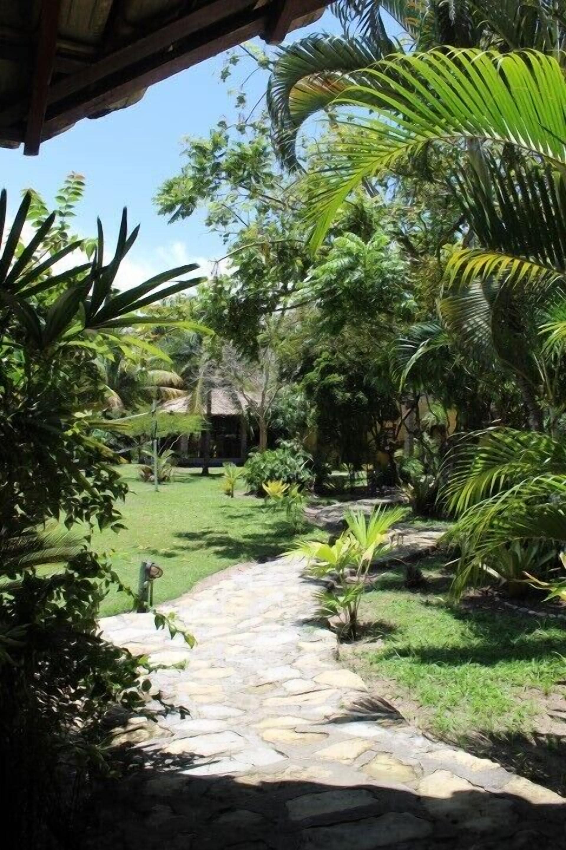 Un camí de pedra que serpenteja per un jardí exuberant ple de plantes tropicals i una construcció amb teulada de palla al fons.