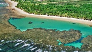 An aerial view of a coastal area with a sandy beach, green vegetation, and clear turquoise waters. - Pousada Velas e Vento - Acesso fácil a Barra Grande (Maraú)