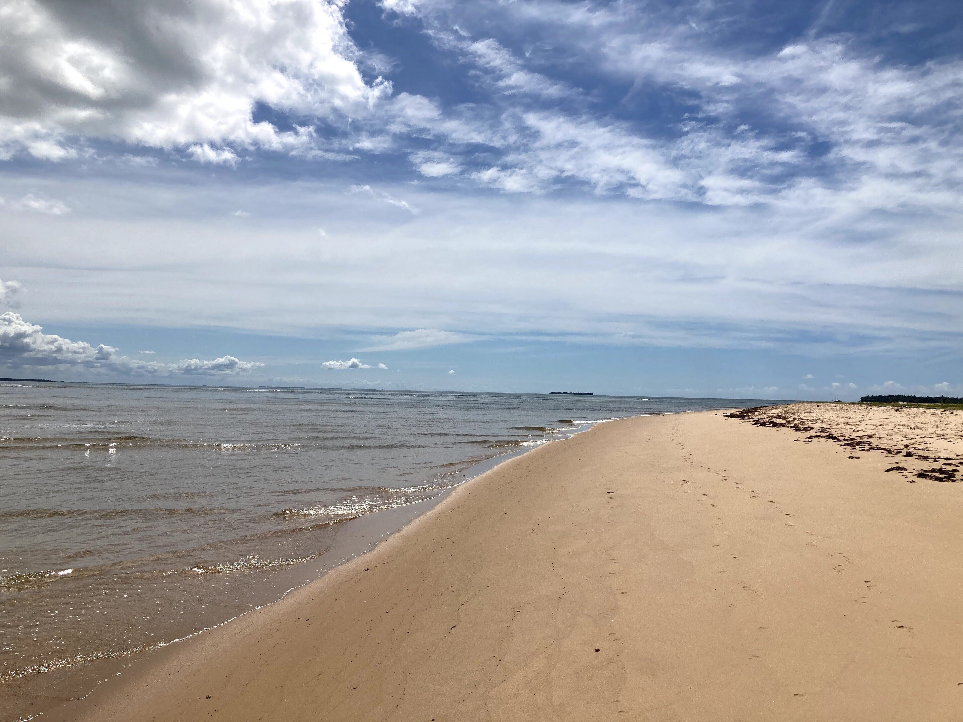 Een strand met een zandstrand en rustig water.