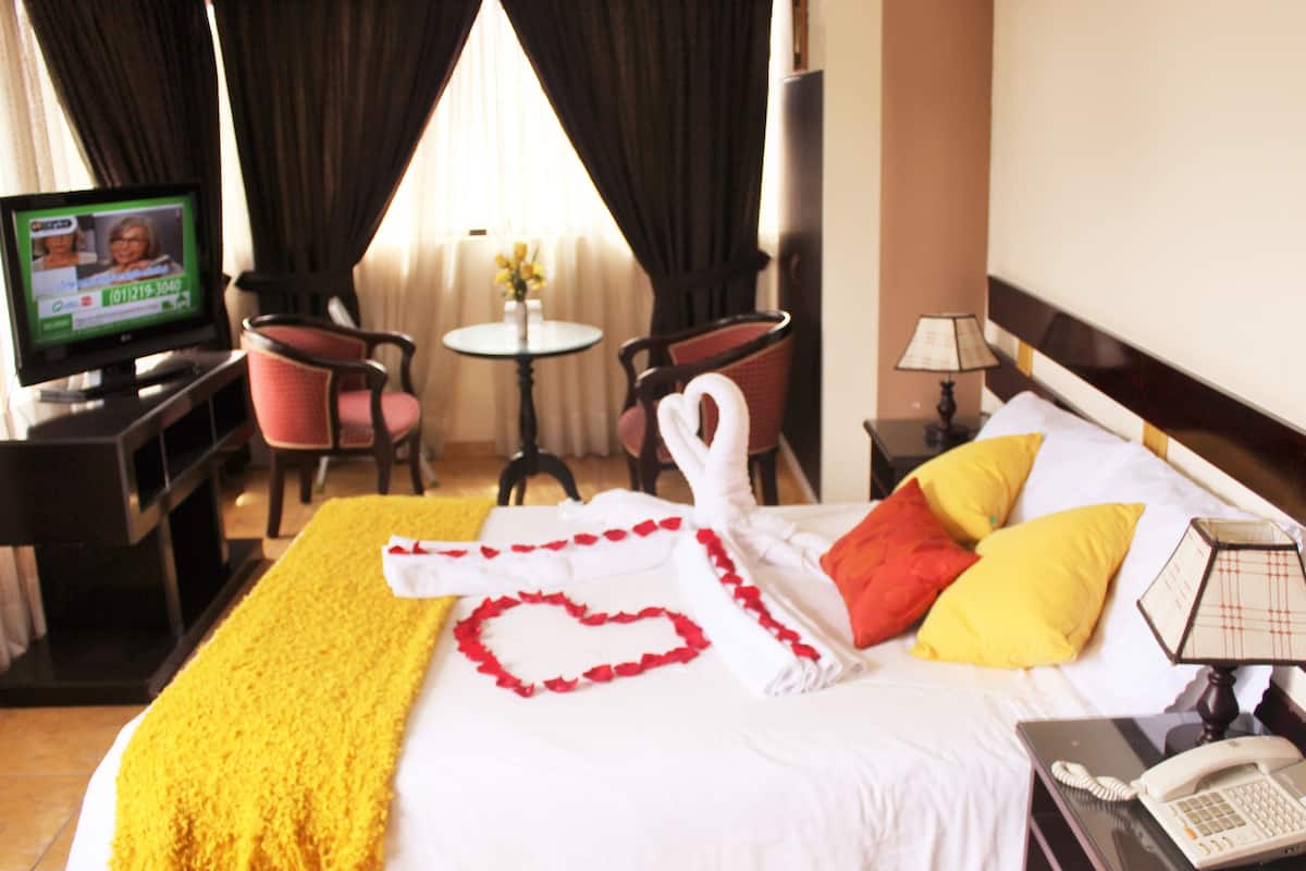 Ein Hotelzimmer mit Bett, Fernseher, Schreibtisch, Stuhl, Lampe und Telefon.