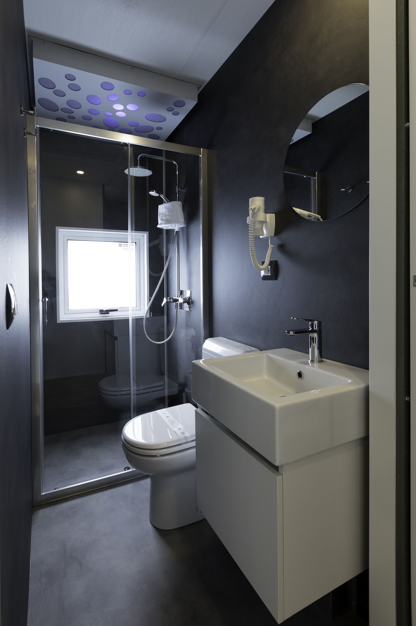 A modern bathroom with a glass-enclosed shower, a toilet, and a sink with a mirror above it.