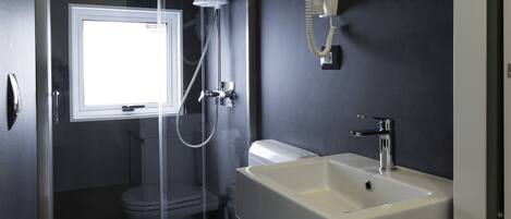 A modern bathroom with a glass-enclosed shower, a toilet, and a sink with a mirror above it.