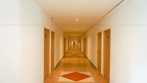 Un pasillo largo y estrecho en un hotel, con puertas a ambos lados y un suelo estampado.