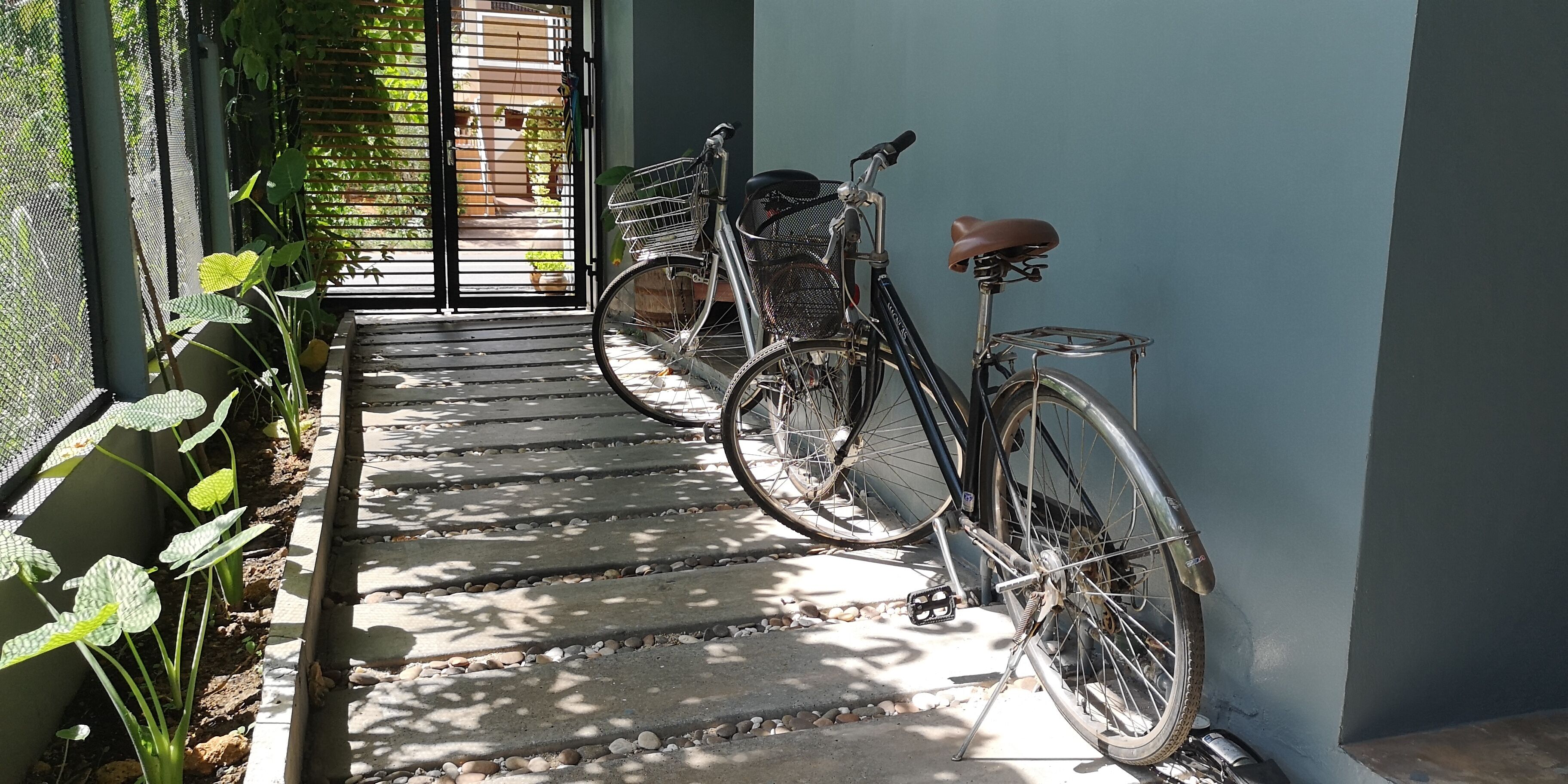 Un sendero con dos bicicletas estacionadas a la derecha, que lleva a una reja.