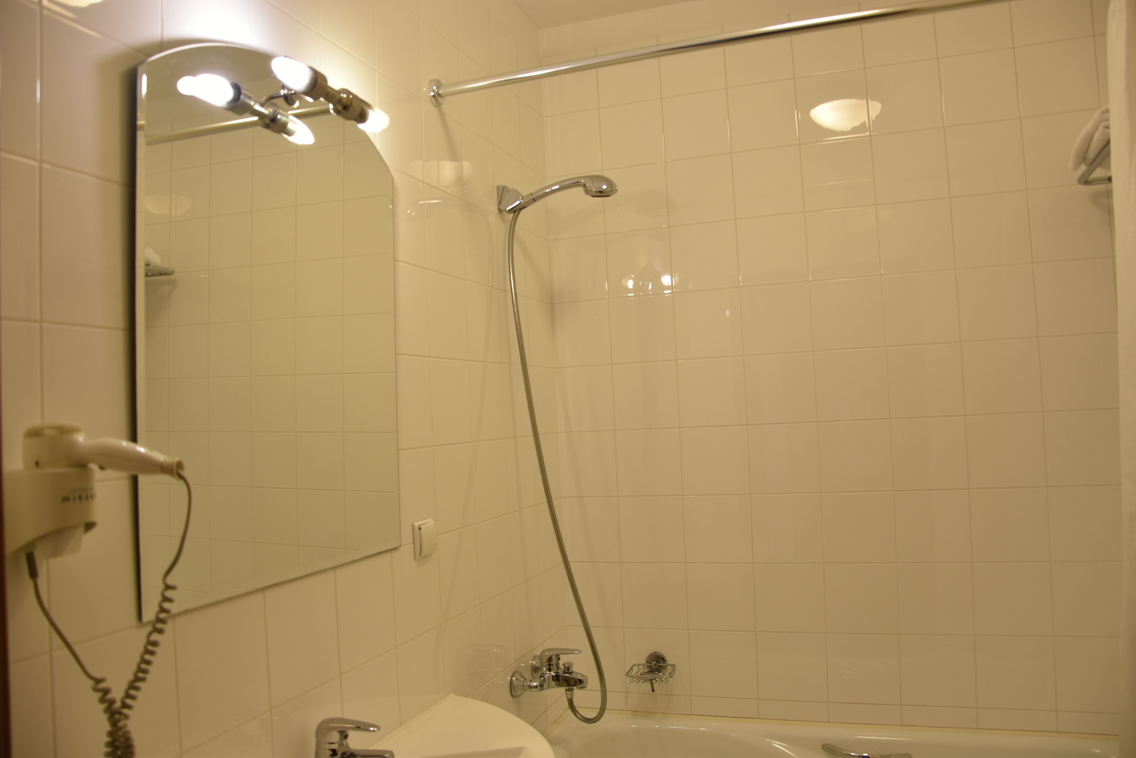 Un baño con ducha, lavabo y espejo.
