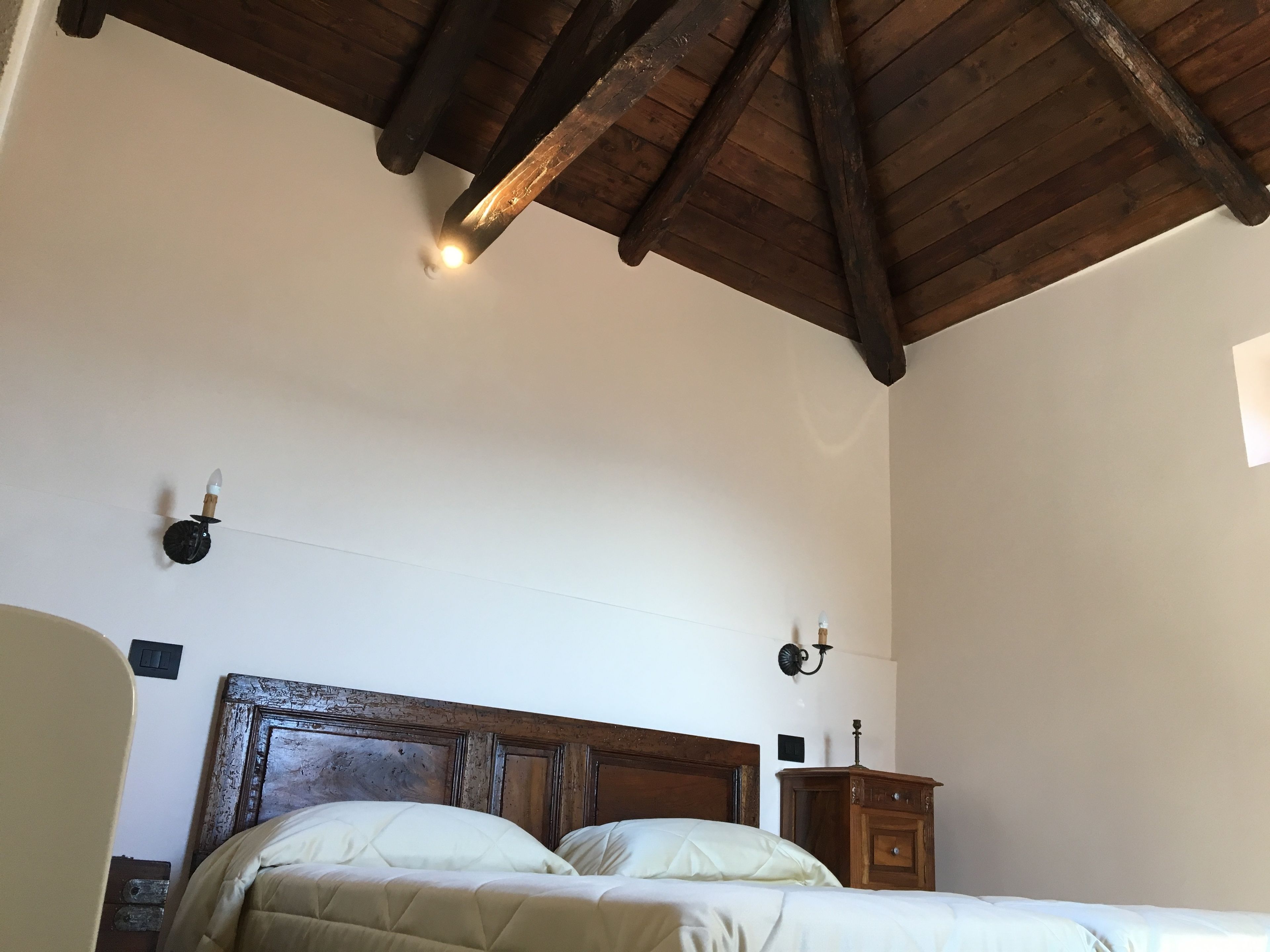 Camera da letto con soffitto in legno, un letto con due cuscini, un comodino e una lampada a parete.