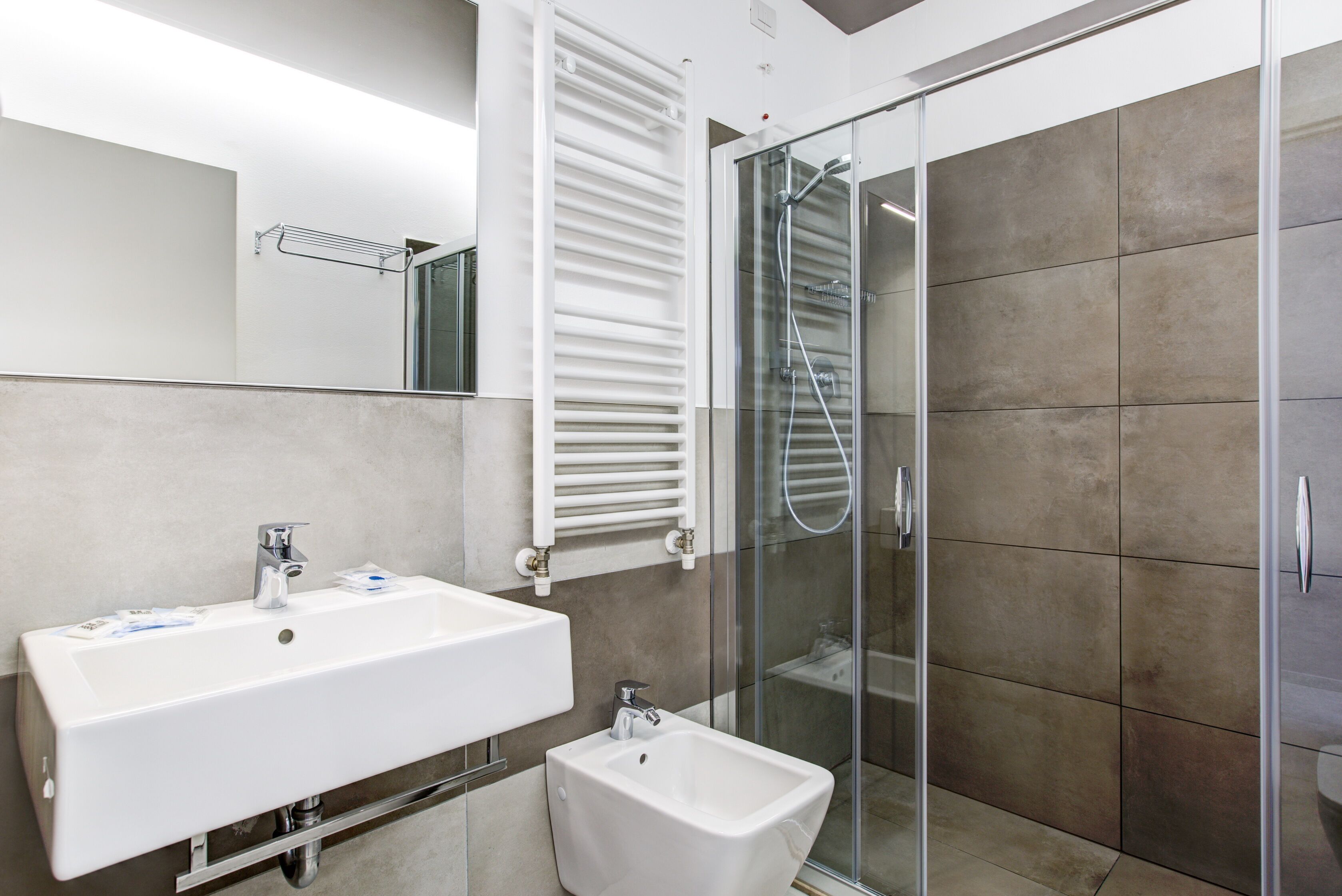 deluxe room | bathroom | shower, hair dryer, bidet, towels