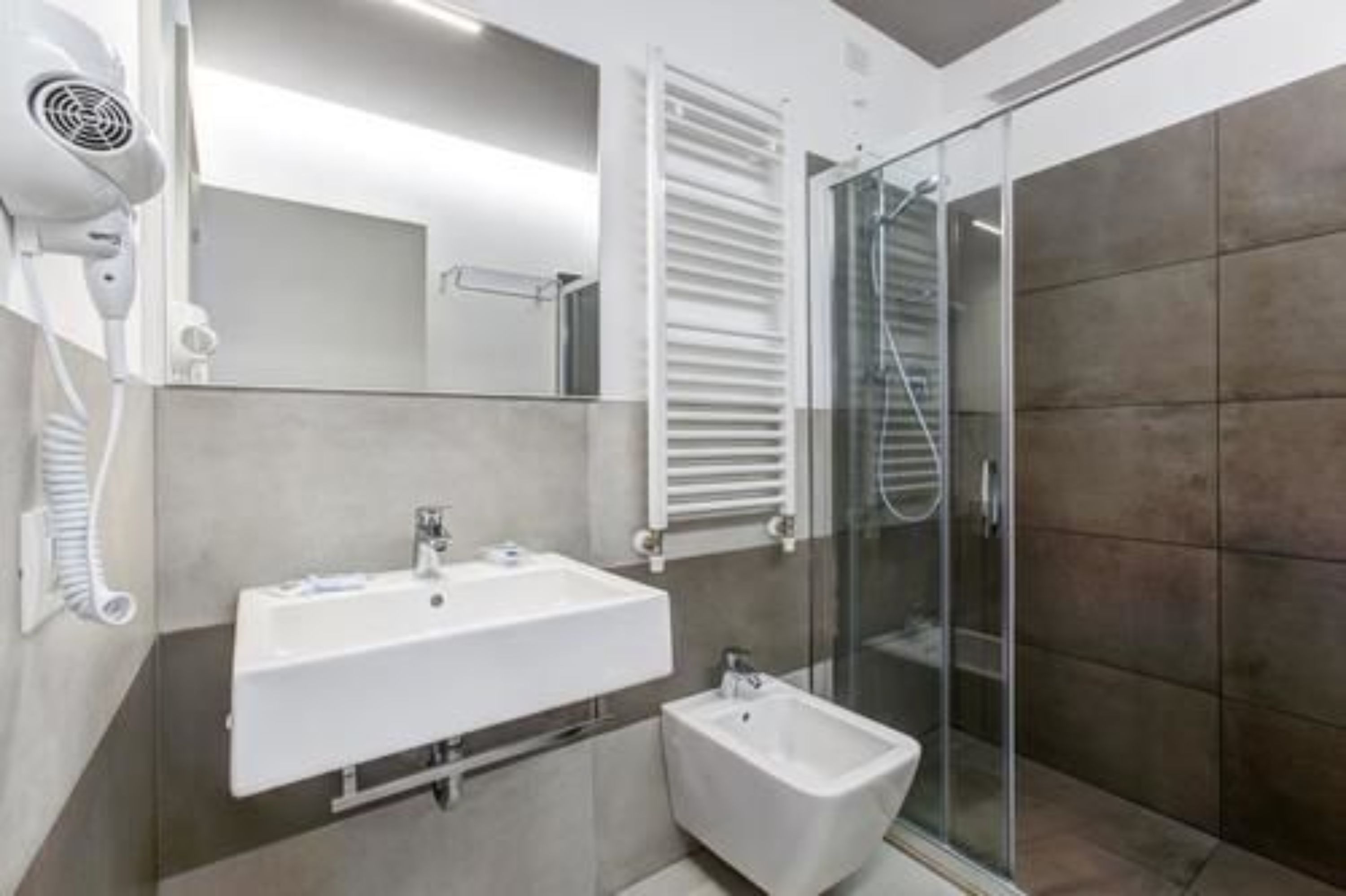 shower, hair dryer, bidet, towels