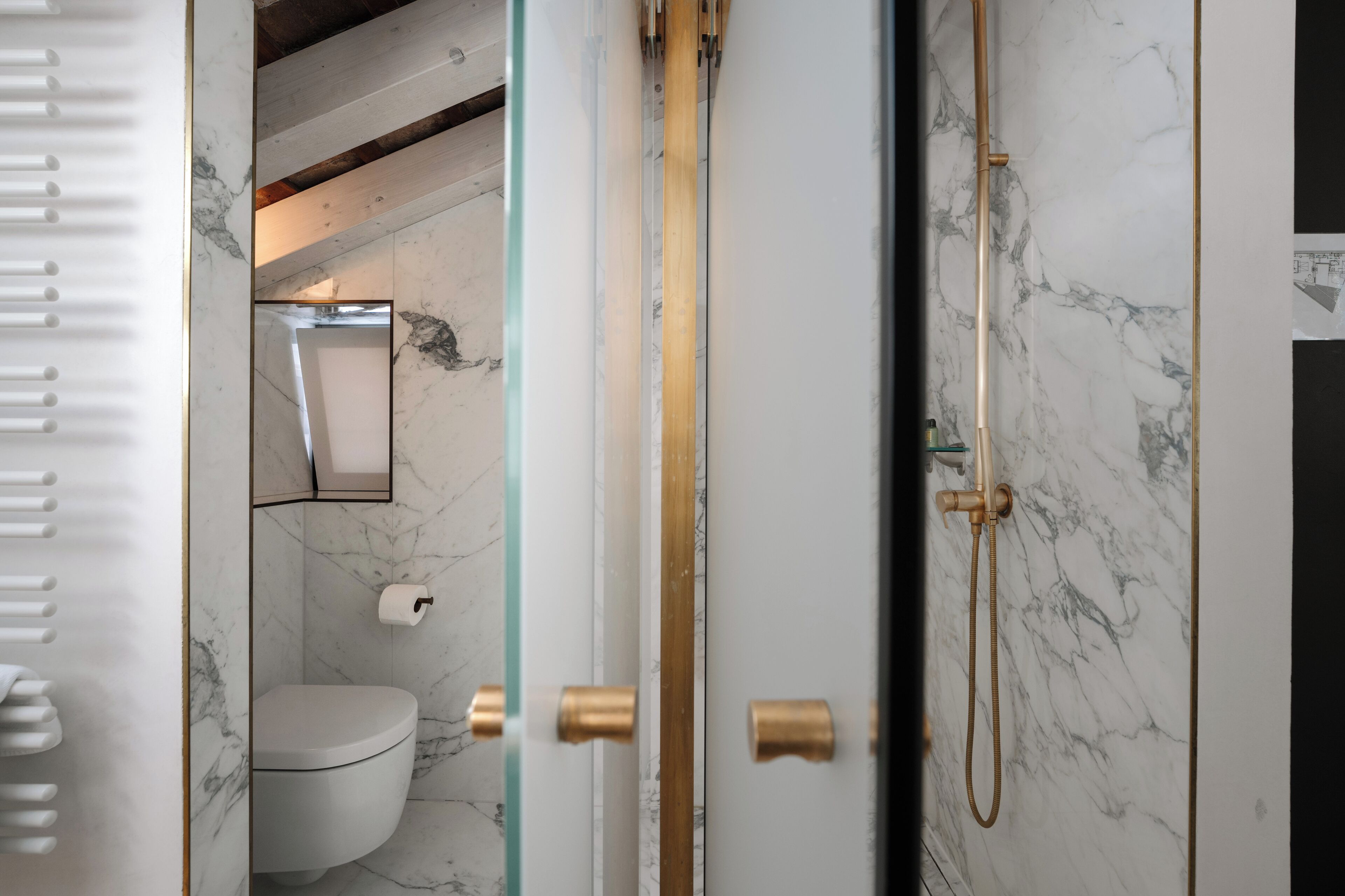 A bathroom with a toilet, a mirror, and a shower.