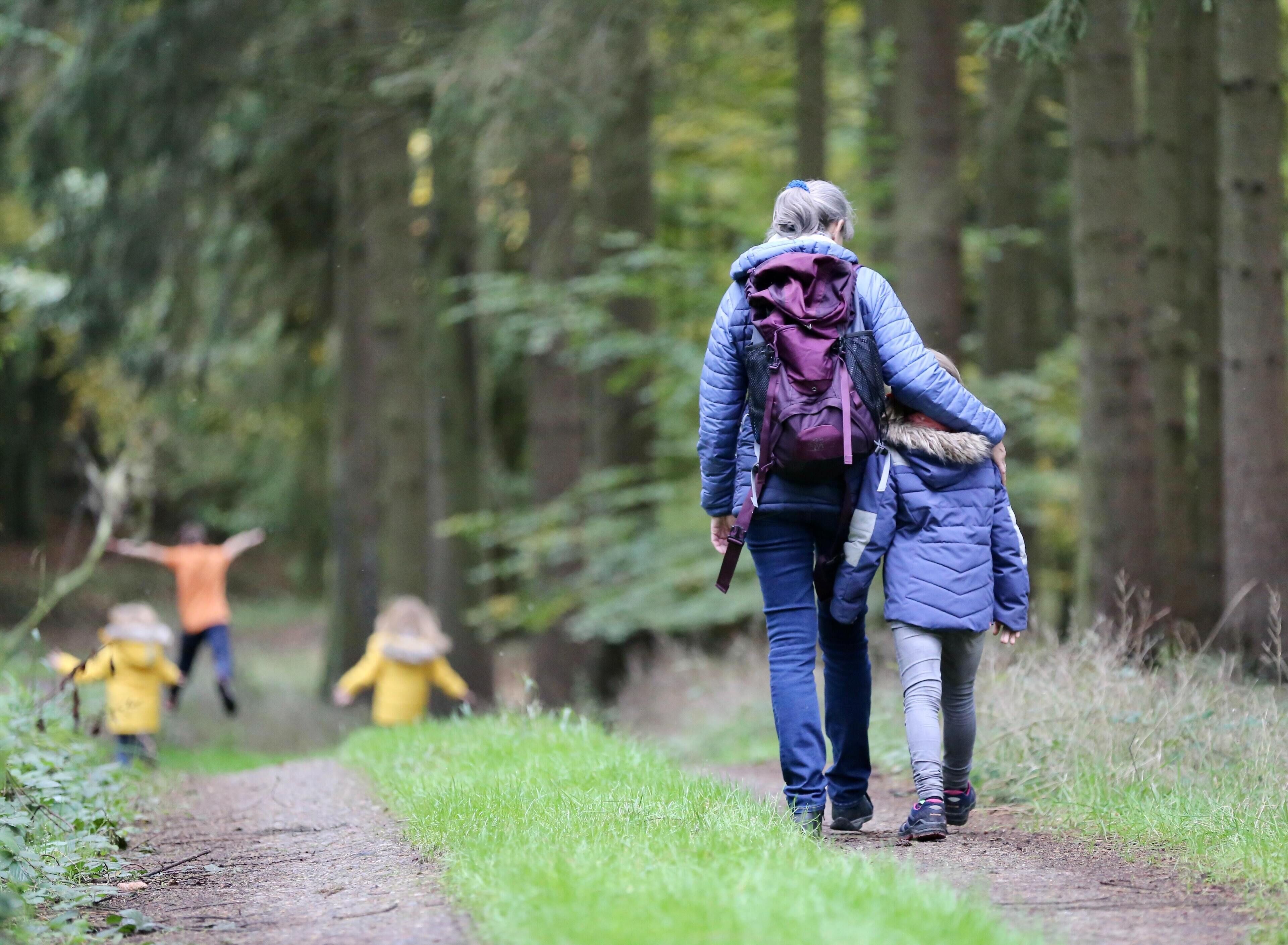A forest path with two people walking, one carrying a child.