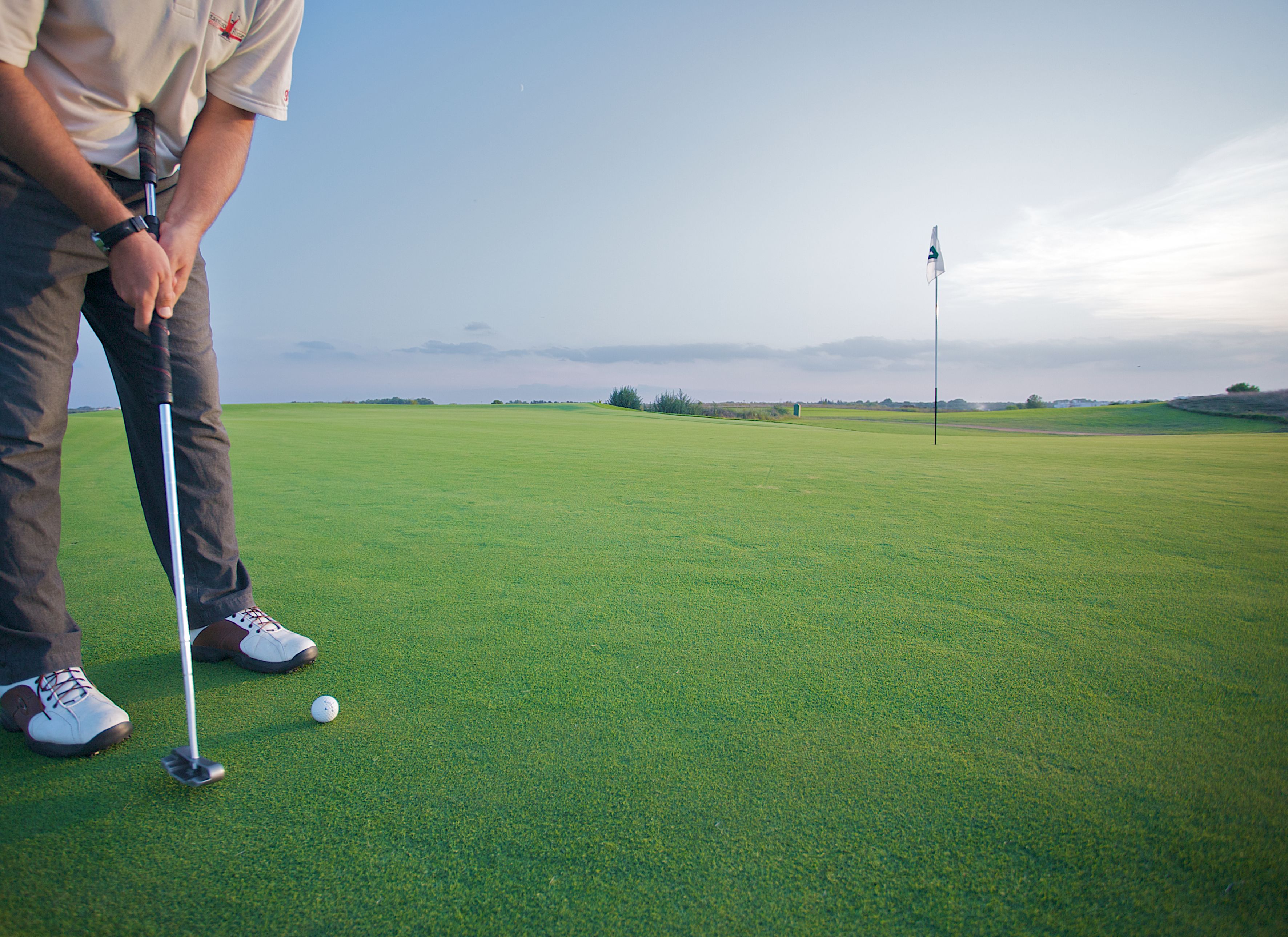 A golf course with a flagstick and a golf ball on the green.