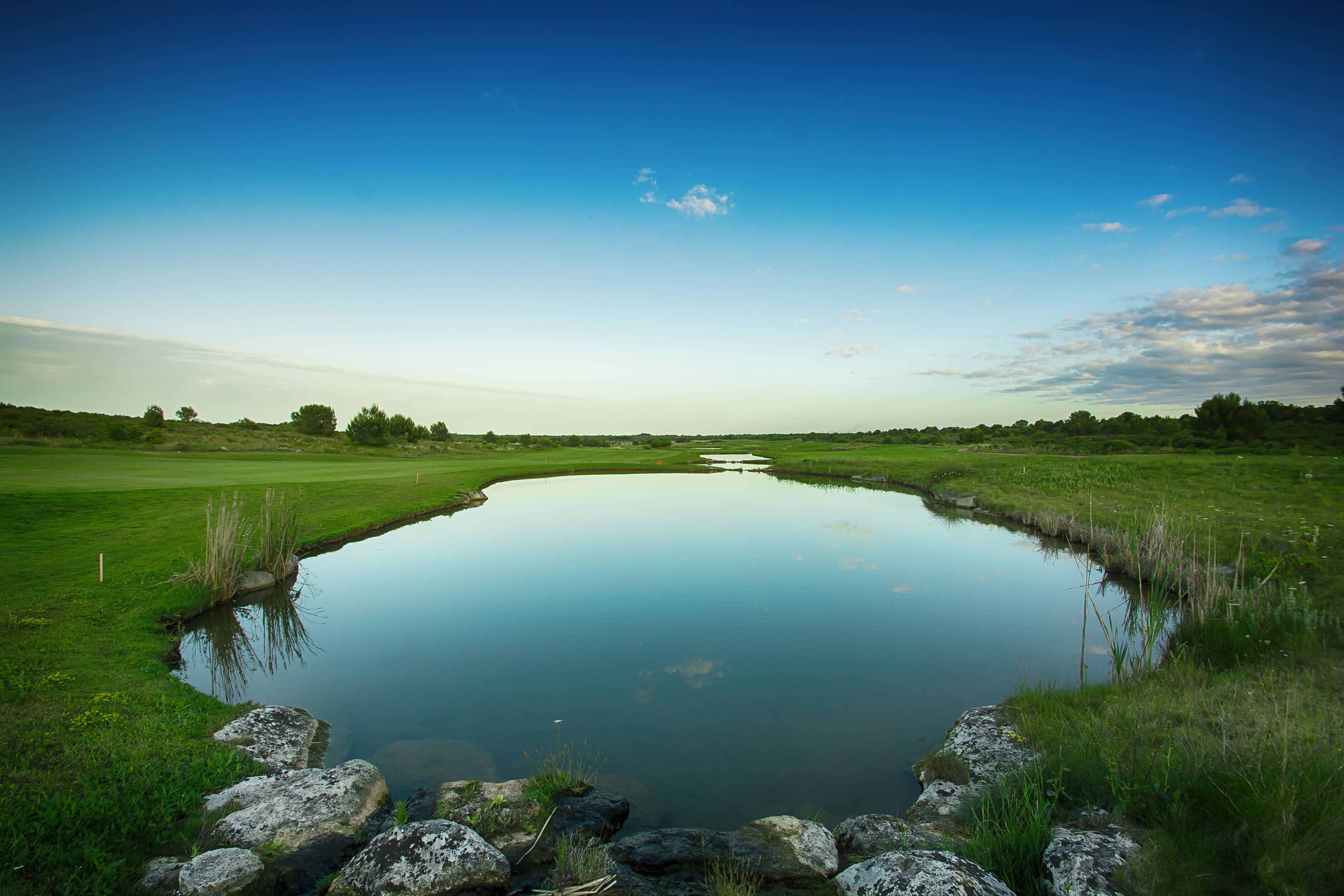 A serene landscape with a pond surrounded by rocks and grass.