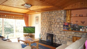 Una sala de estar acogedora con chimenea de piedra, televisión y estantería.