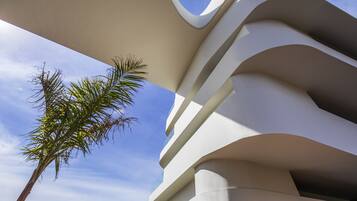A modern building with curved architectural features and a palm tree in the foreground.