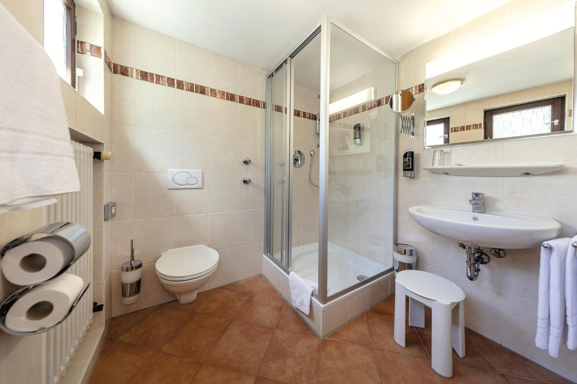 shower, free toiletries, hair dryer, towels