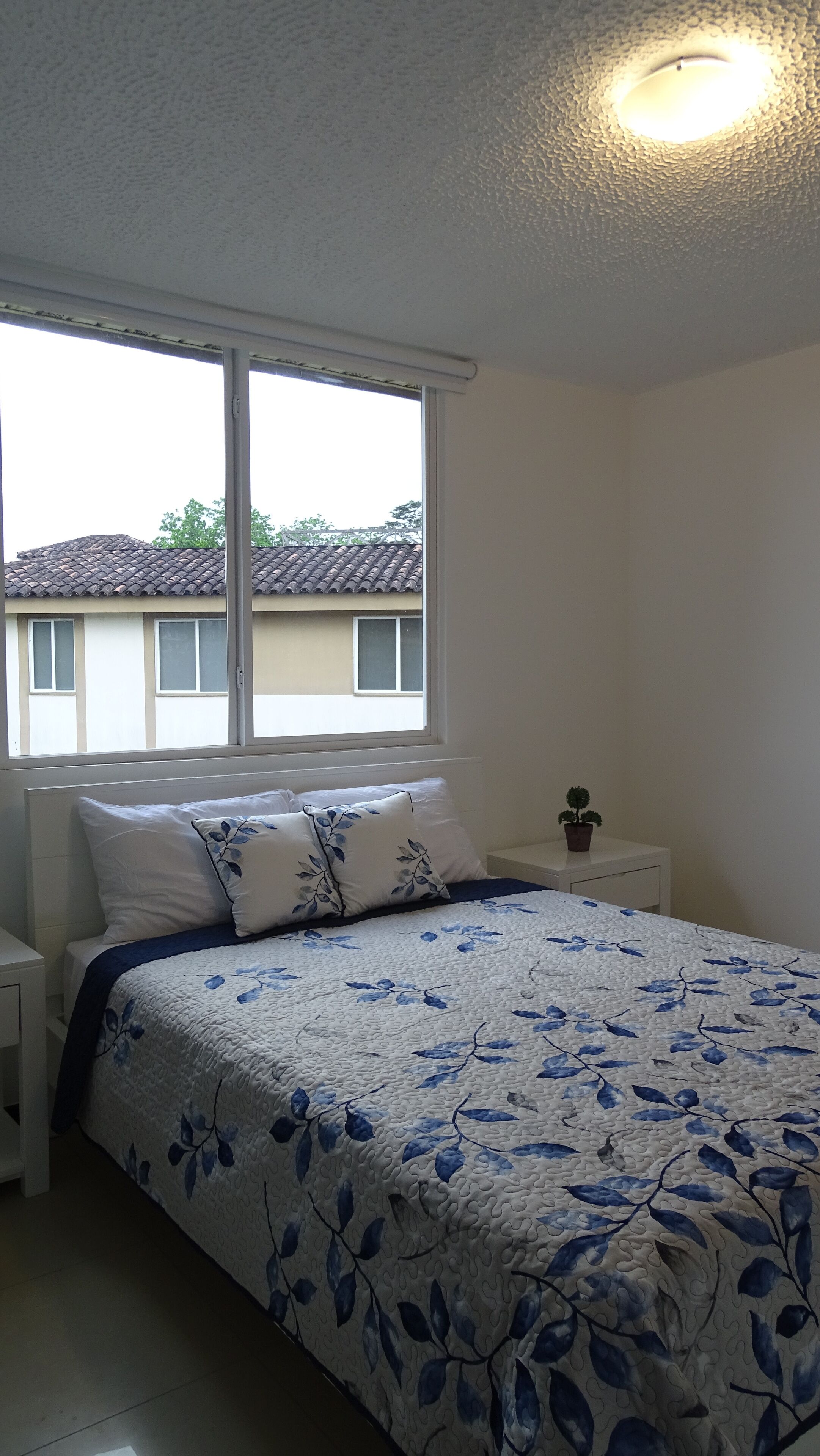 Een slaapkamer met een groot bed, een raam en een nachtkastje met een plant.