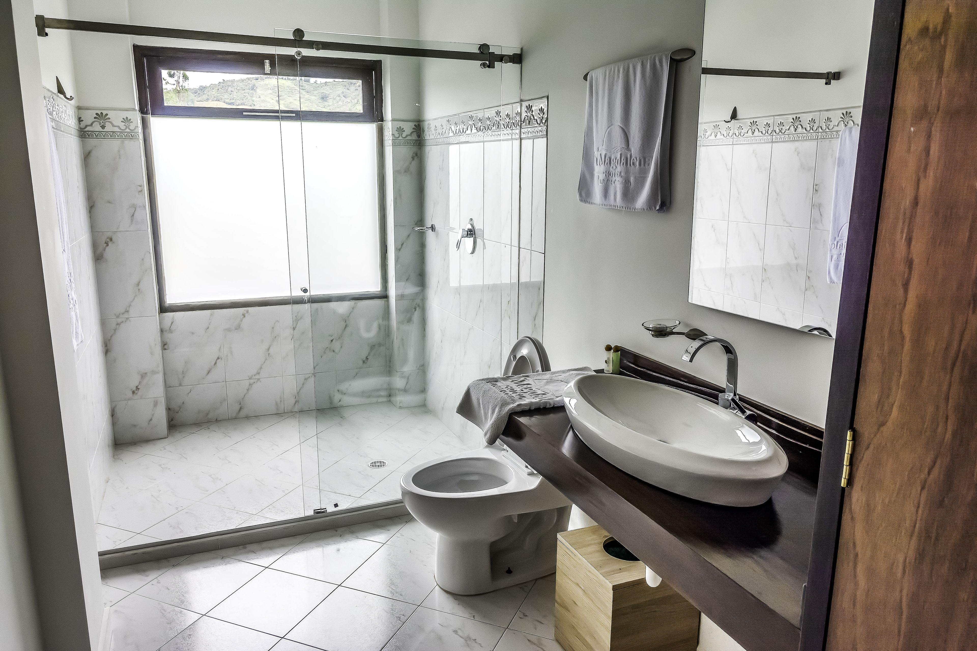 A modern bathroom with a shower, toilet, and sink.