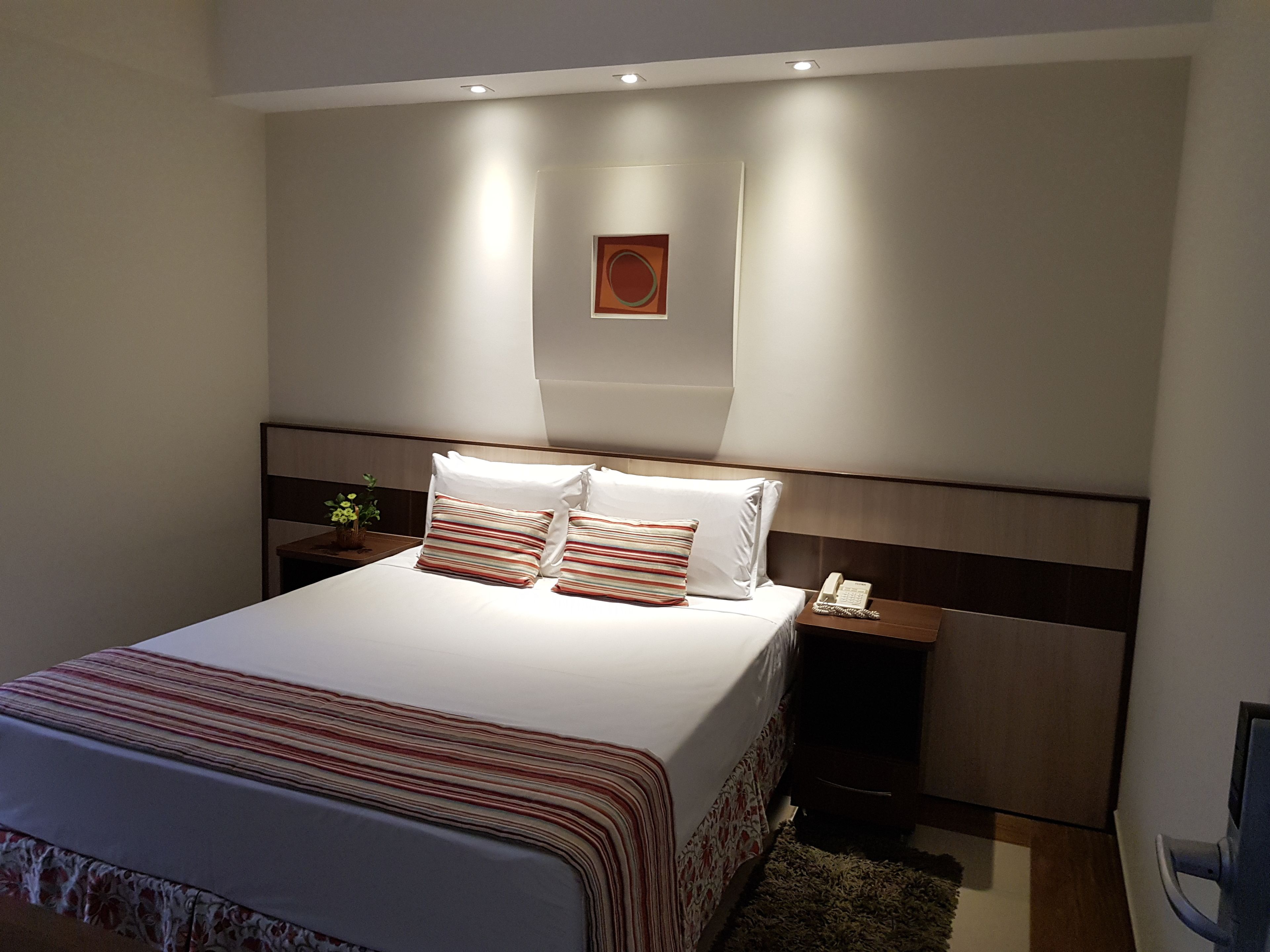 A modern hotel room with a neatly made bed, a bedside table with a lamp, and a small plant.