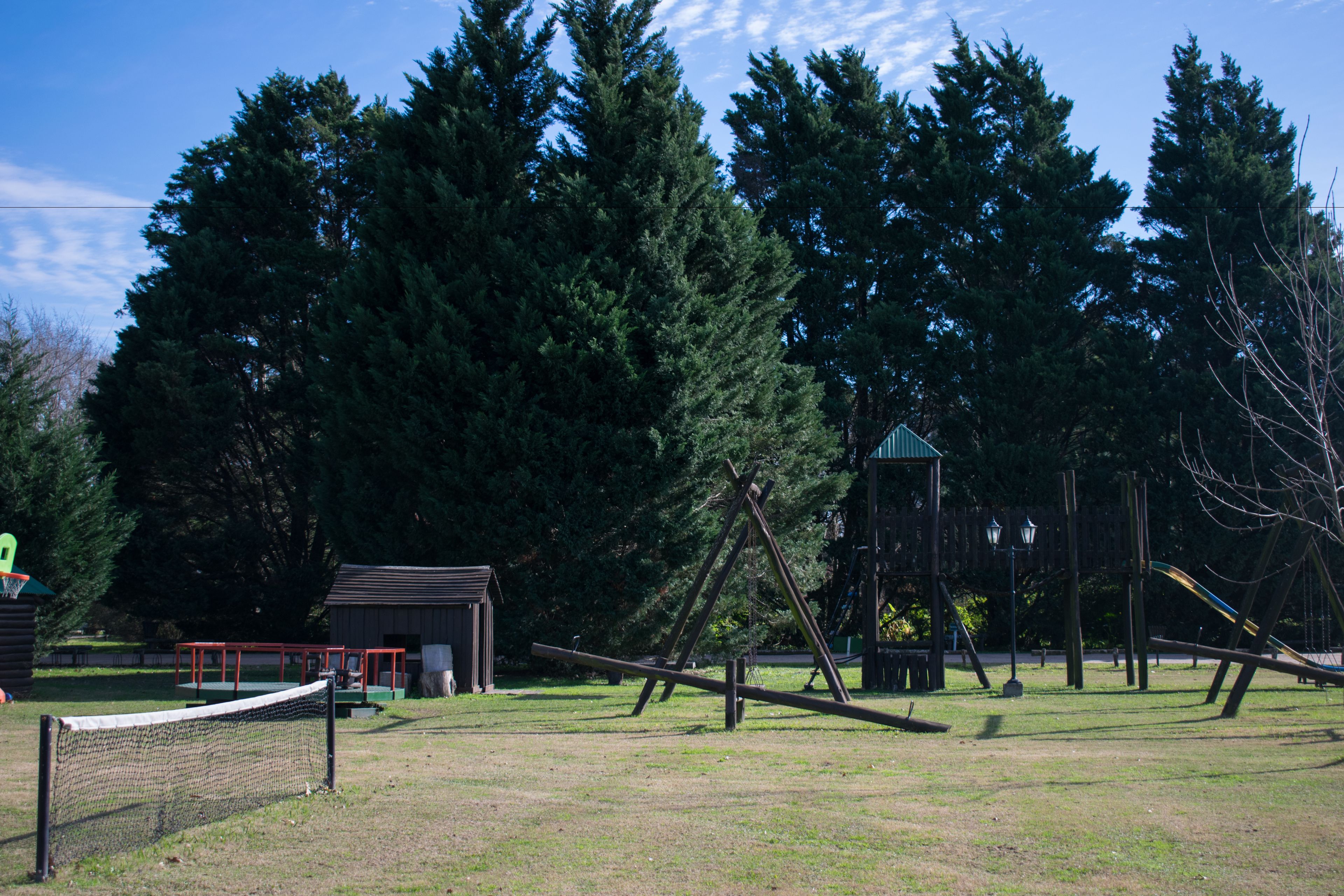 Un parque infantil con columpios y un tobogán, rodeado de árboles altos y un pequeño cobertizo.