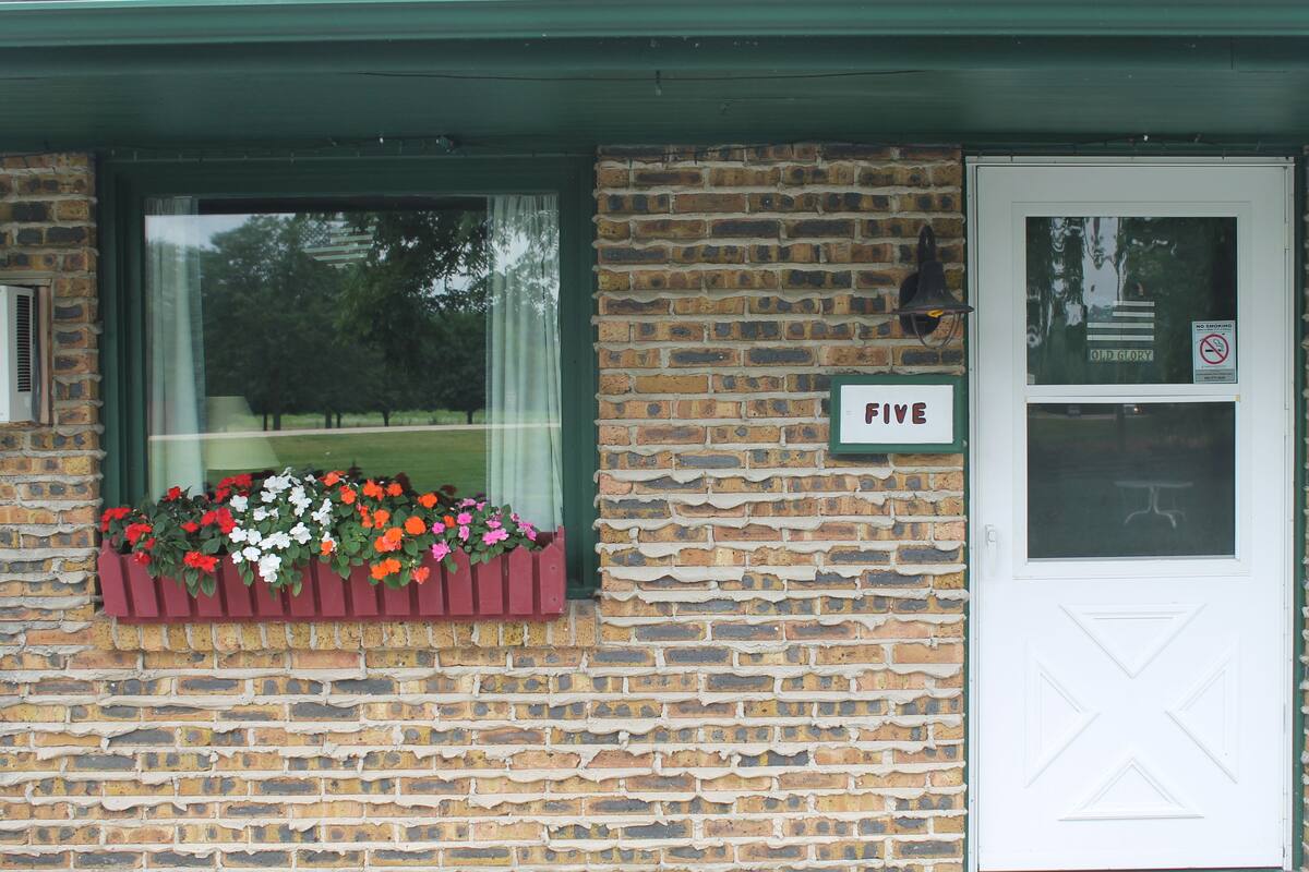 A brick building with a window displaying colorful flowers, a door with a sign reading "FIVE", and a no-smoking sign above the door.