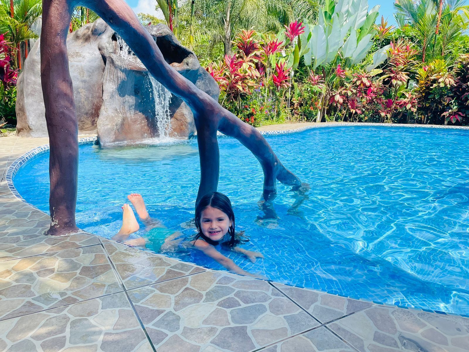 Una piscina con una cascada y plantas tropicales a su alrededor.