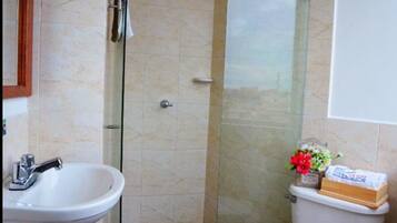 Shower, towels, soap, toilet paper