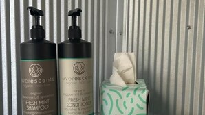 Zwei Flaschen Evergreens Naturkosmetik für die Haarpflege, eine Papiertuchbox und ein Glas auf einer spiegelnden Oberfläche.