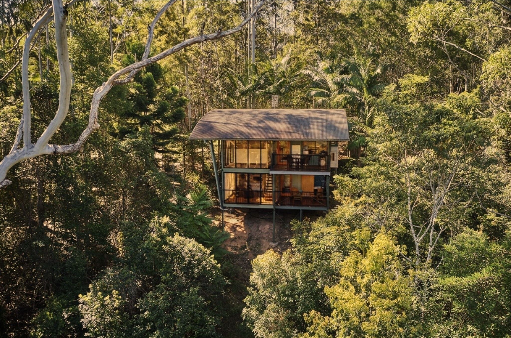 Una casa del árbol con cerramiento de vidrio, rodeada de bosque denso.