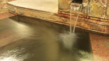 Una piscina bordeada de piedra con fuente de agua.