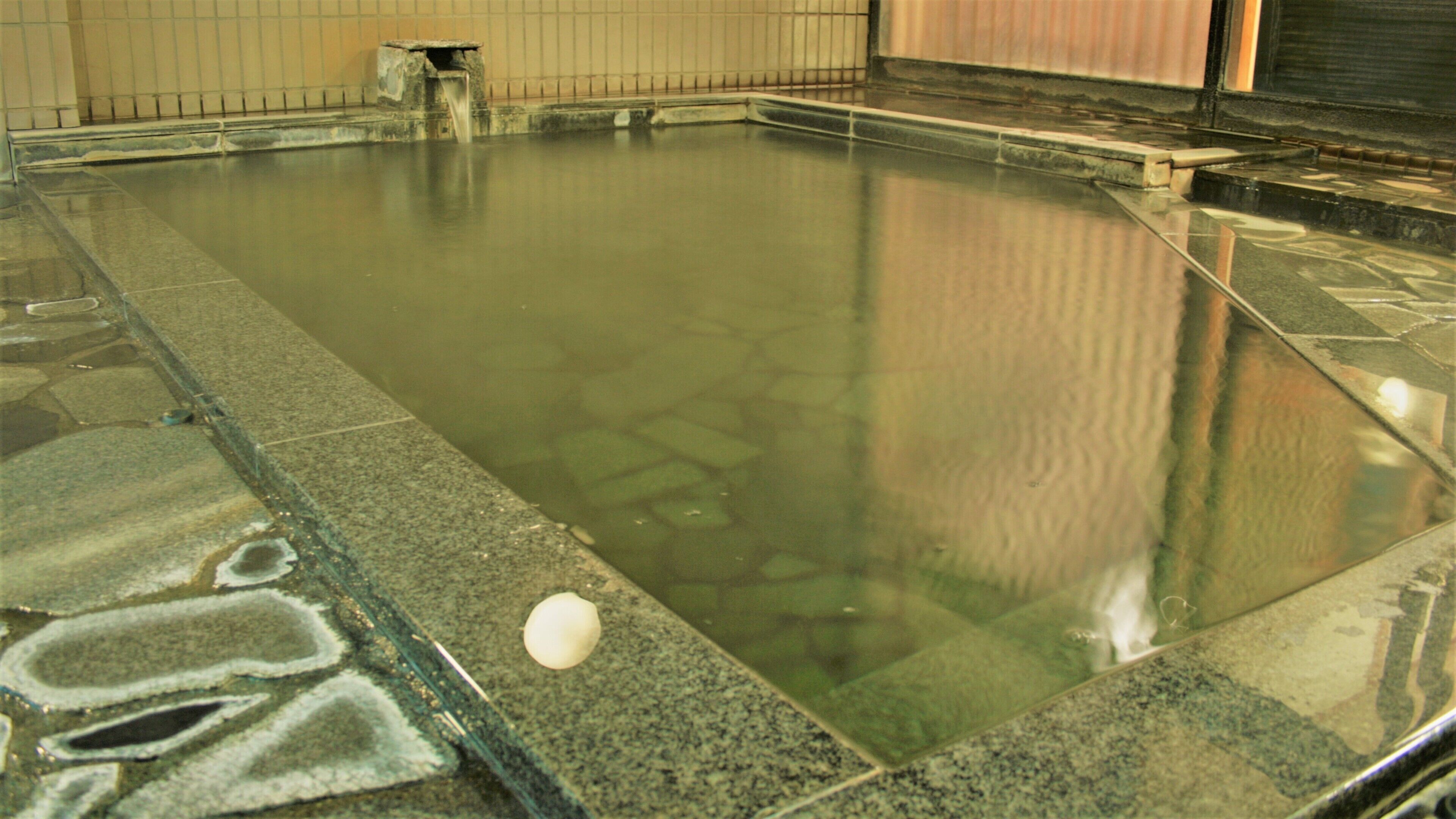 A rectangular indoor pool with a stone border and a small fountain in the center.