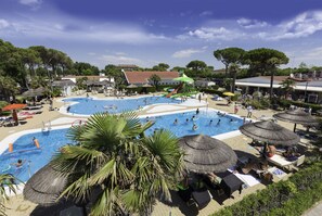 Outdoor pool, pool umbrellas, pool loungers