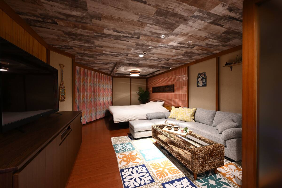 A compact living space with a wooden ceiling, a sofa, a bed, a TV, and a patterned rug.