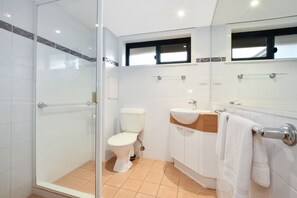 Bathroom features a glass-enclosed shower, white toilet, and sink with a countertop.