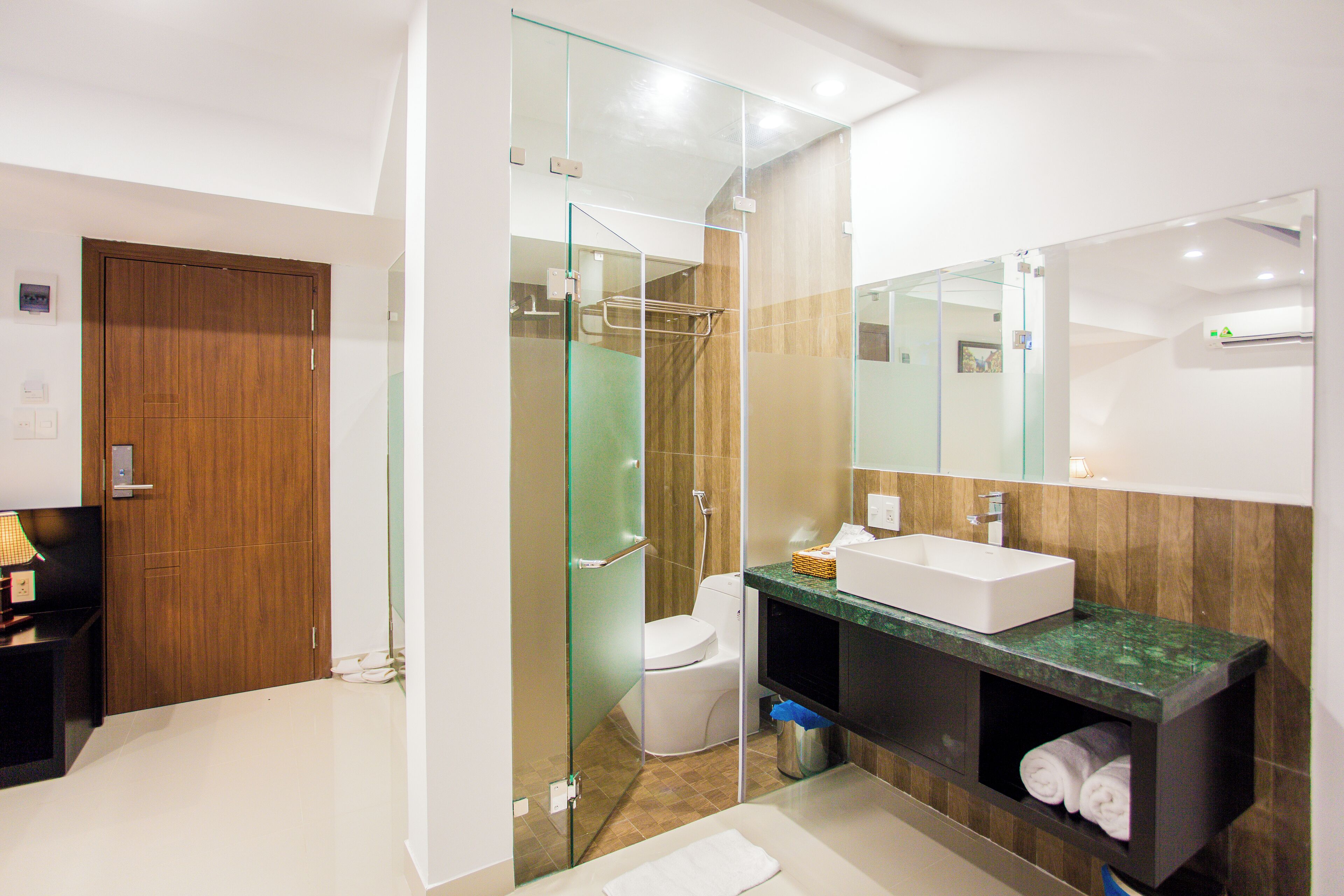 shower, rainfall showerhead, designer toiletries, hair dryer