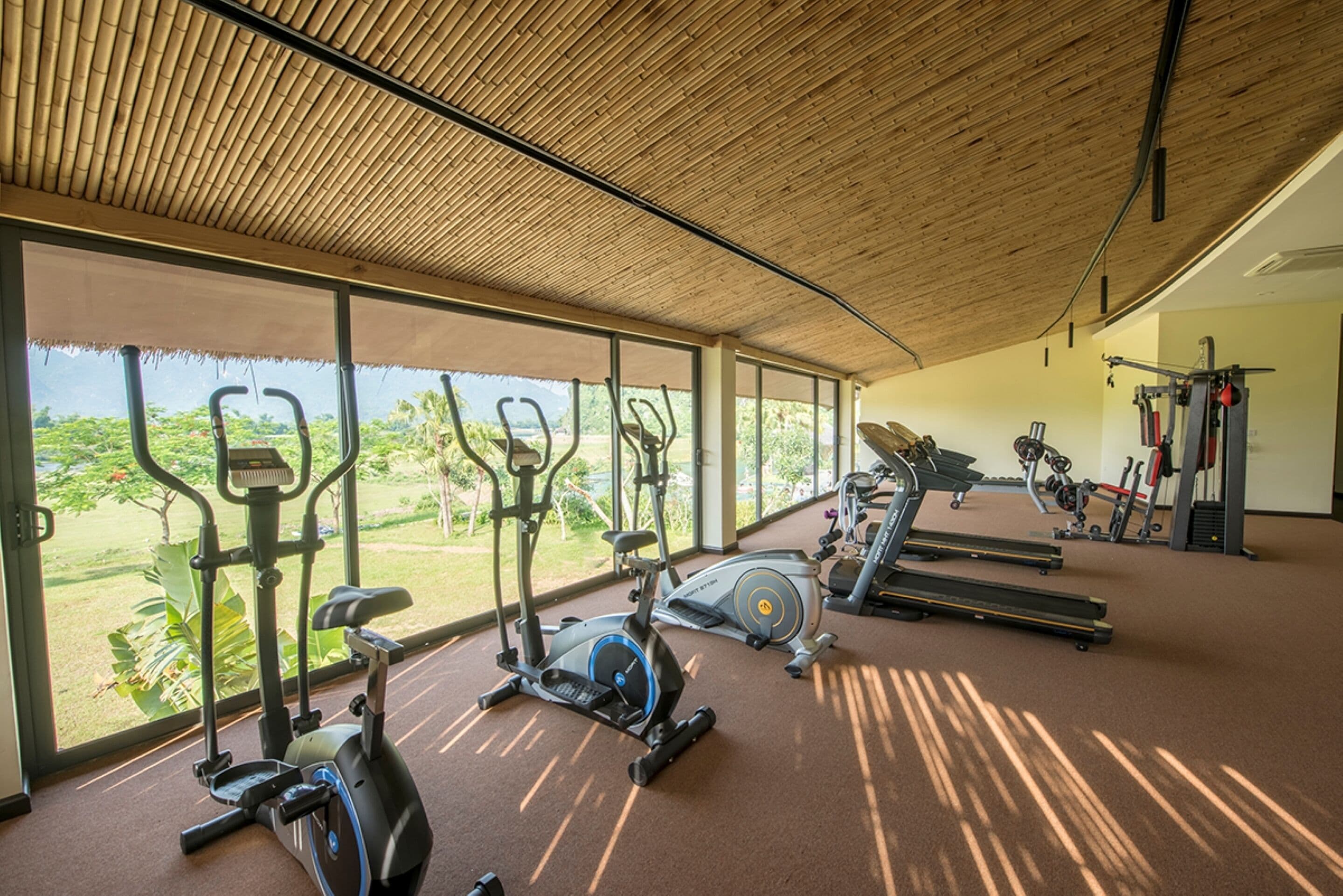 A gym with exercise equipment and large windows overlooking a garden.