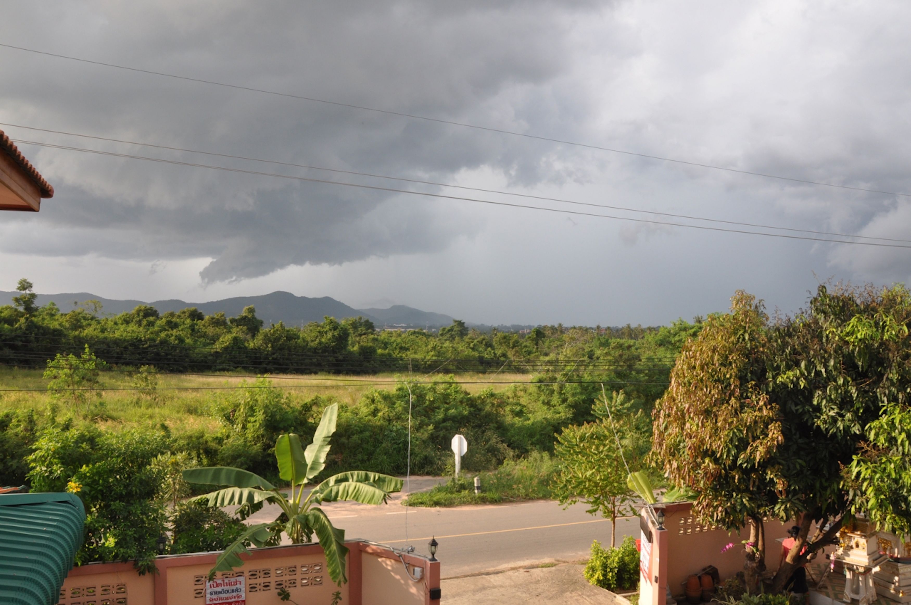 A rural landscape with a road, greenery, and distant mountains under a cloudy sky.