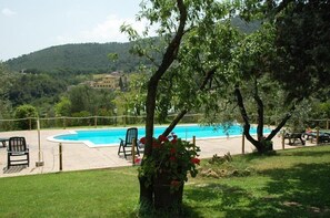 Seasonal outdoor pool, open 8:00 AM to 7:00 PM, pool umbrellas