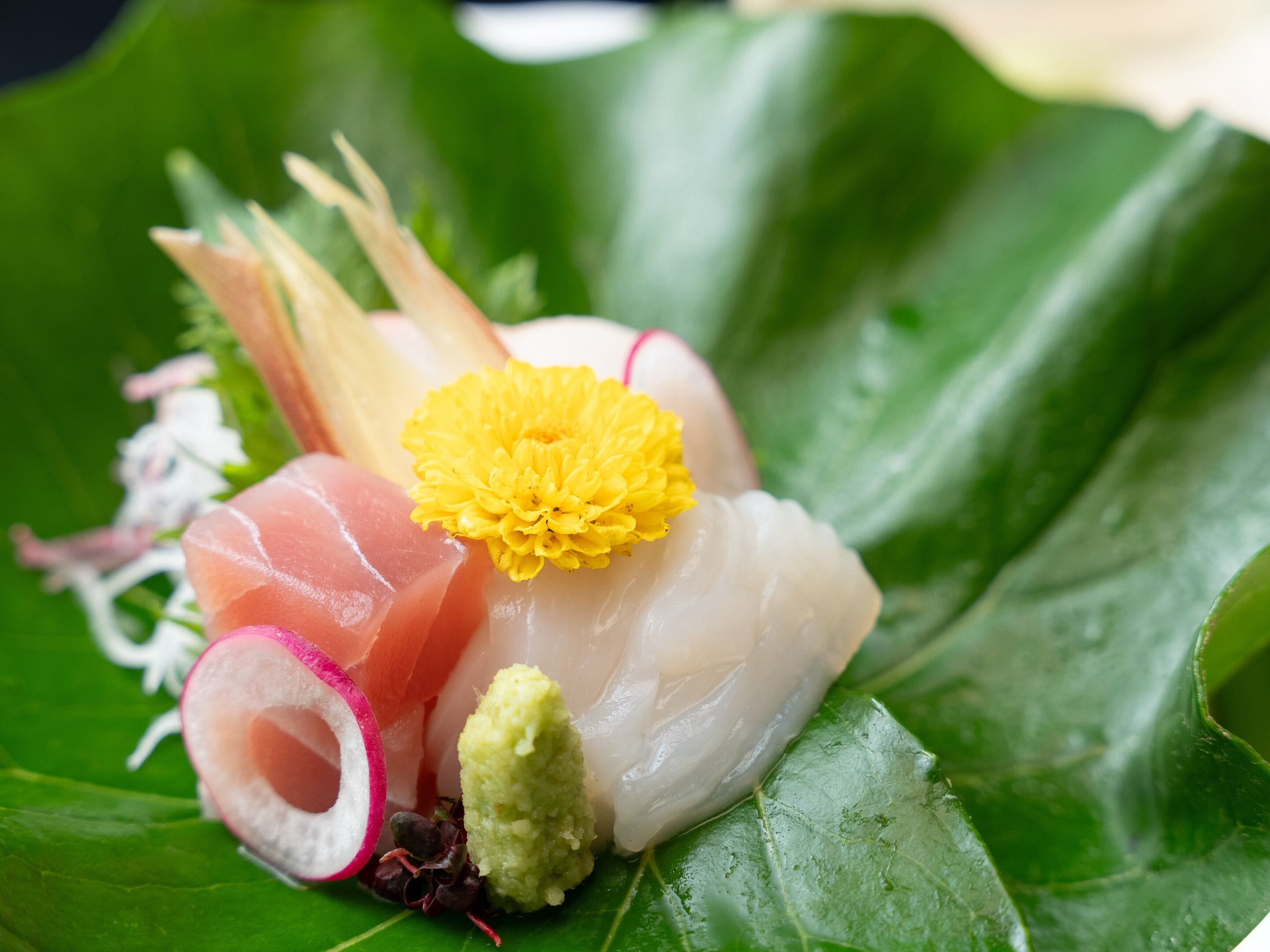 Un plato de sushi con diversos ingredientes sobre una hoja verde.