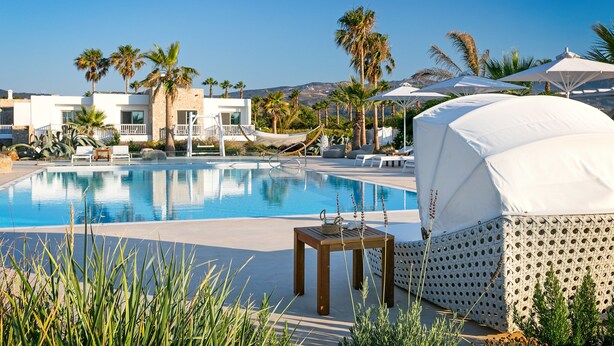 A pool area with lounge chairs, a covered seating area, and palm trees. - White Pearls Luxury Suites - Adults Only (Kos)