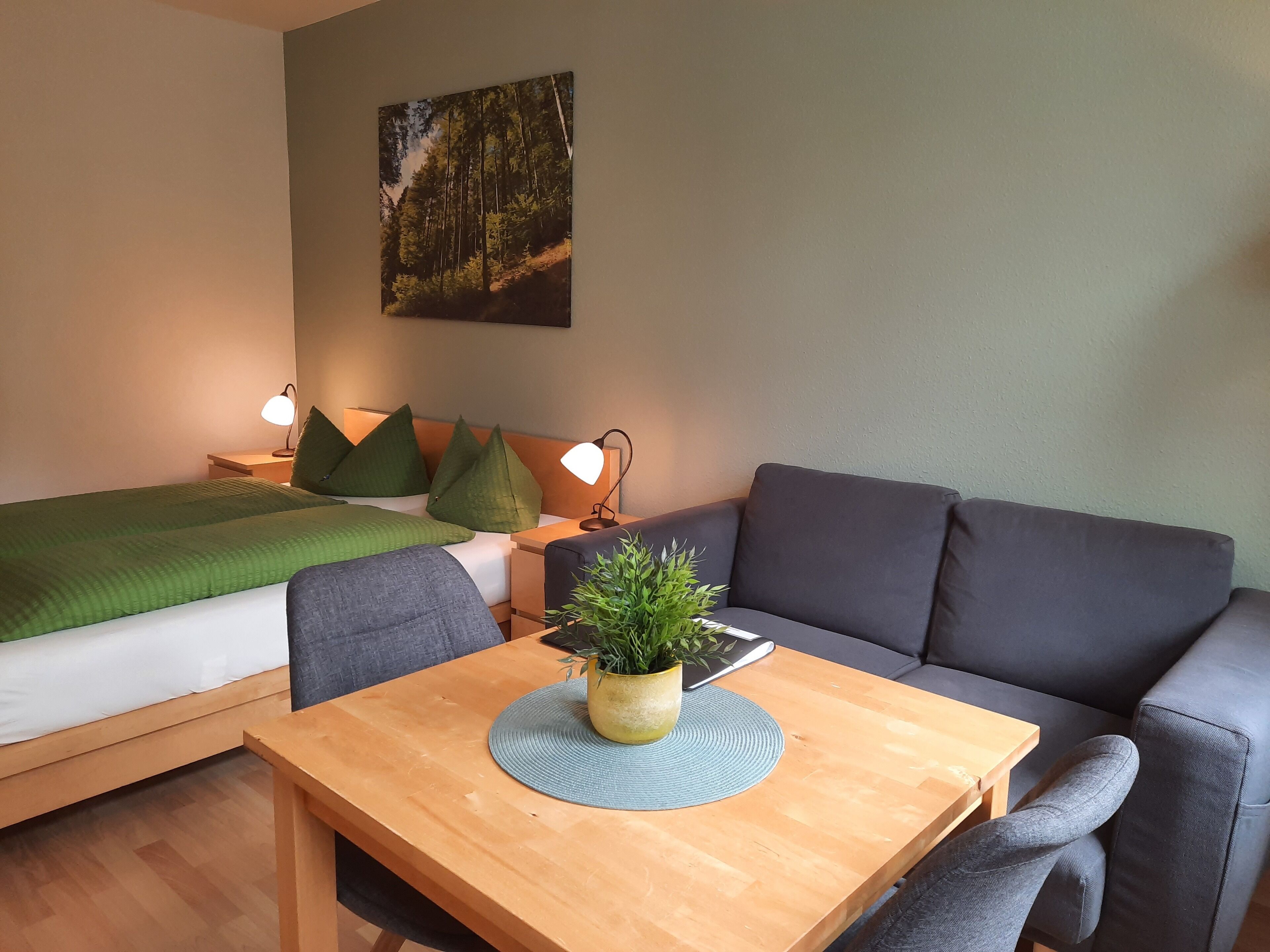 A cozy room with a bed, a sofa, a small table with a plant, and a wall-mounted painting.