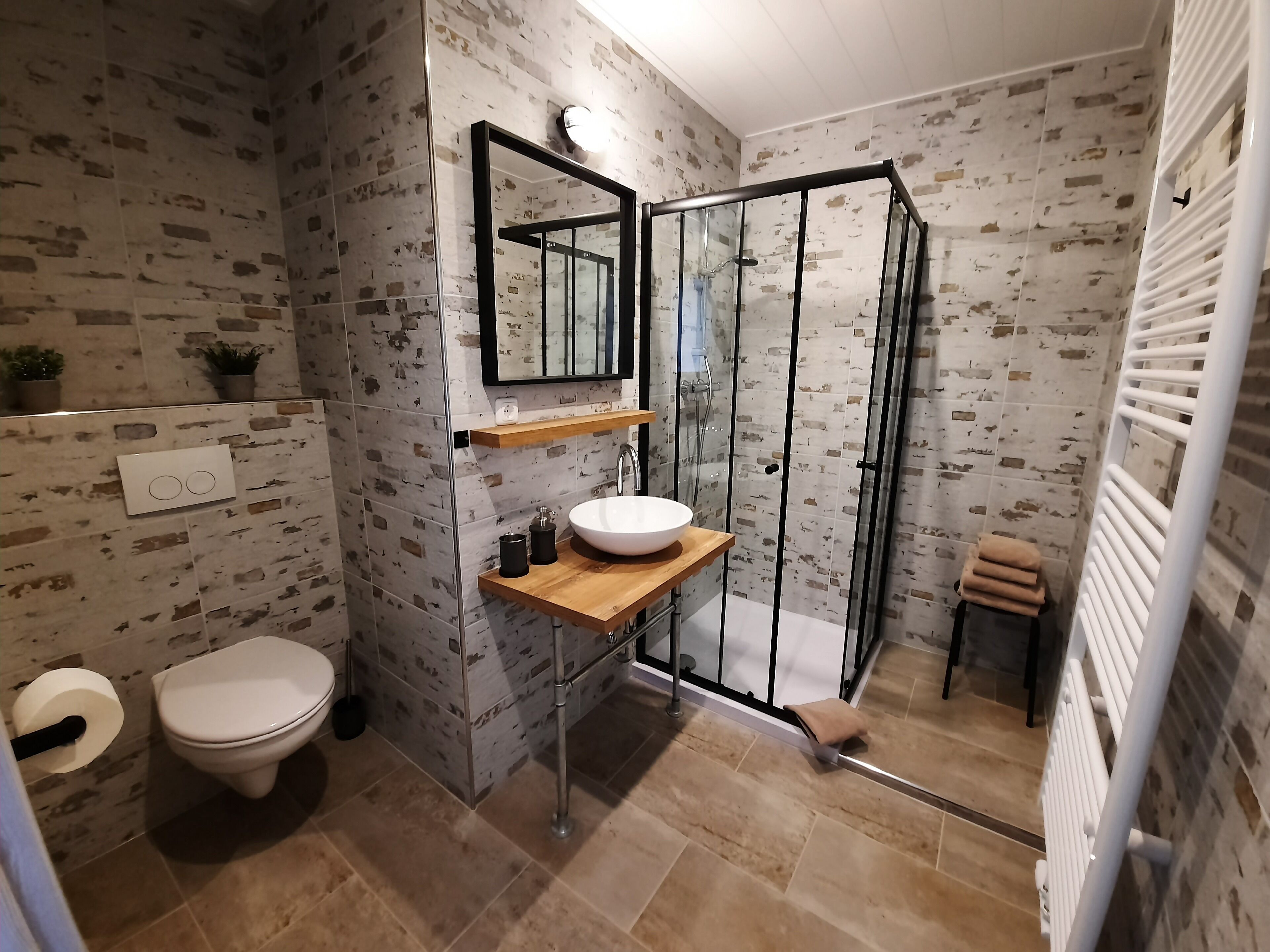 A modern bathroom with a glass shower enclosure, a white sink, and a toilet.
