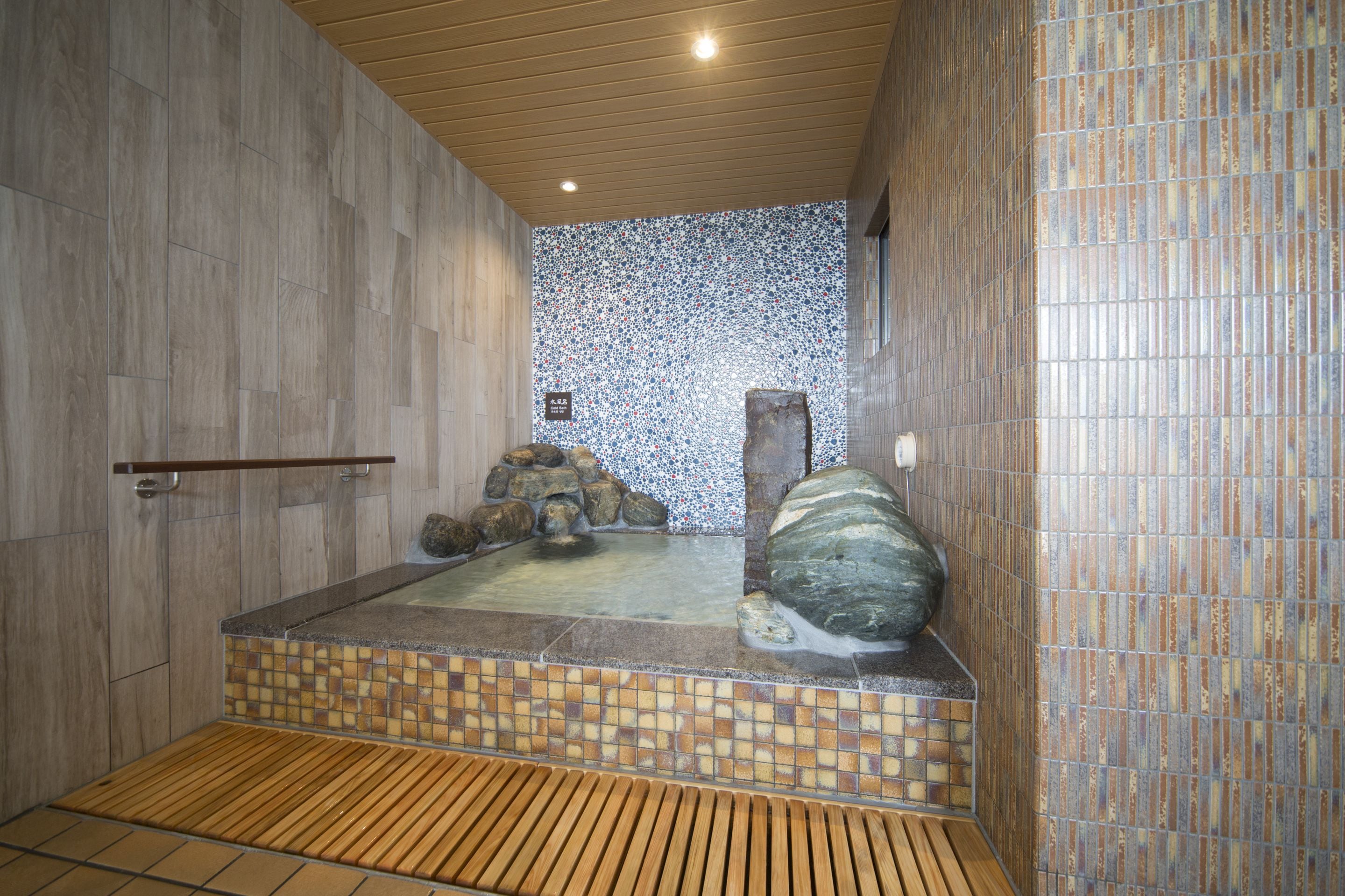 Una moderna spa con soffitto in legno, parete in pietra e pavimento piastrellato.