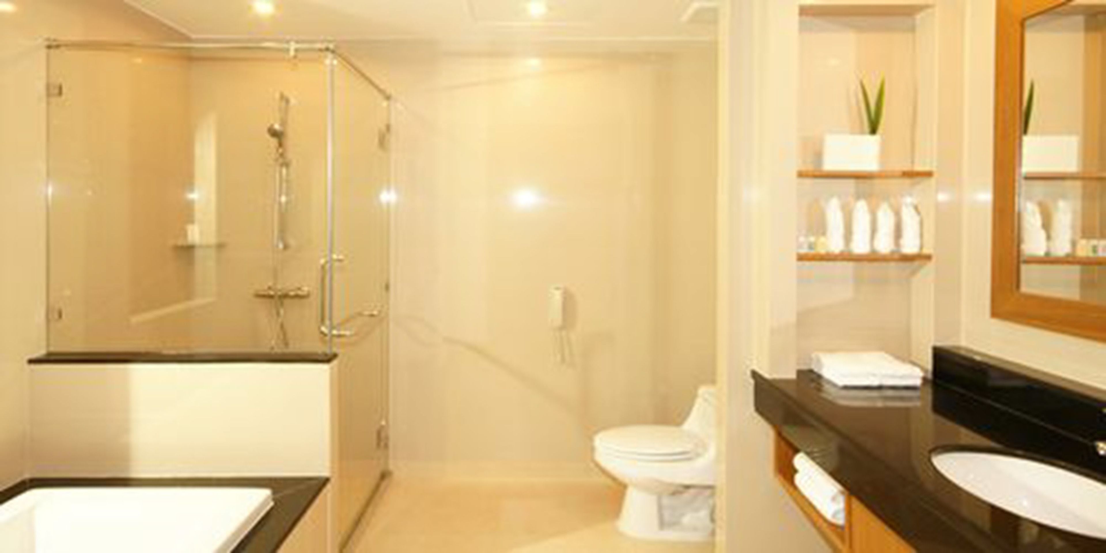 separate bathtub and shower, deep-soaking bathtub, hair dryer, bathrobes