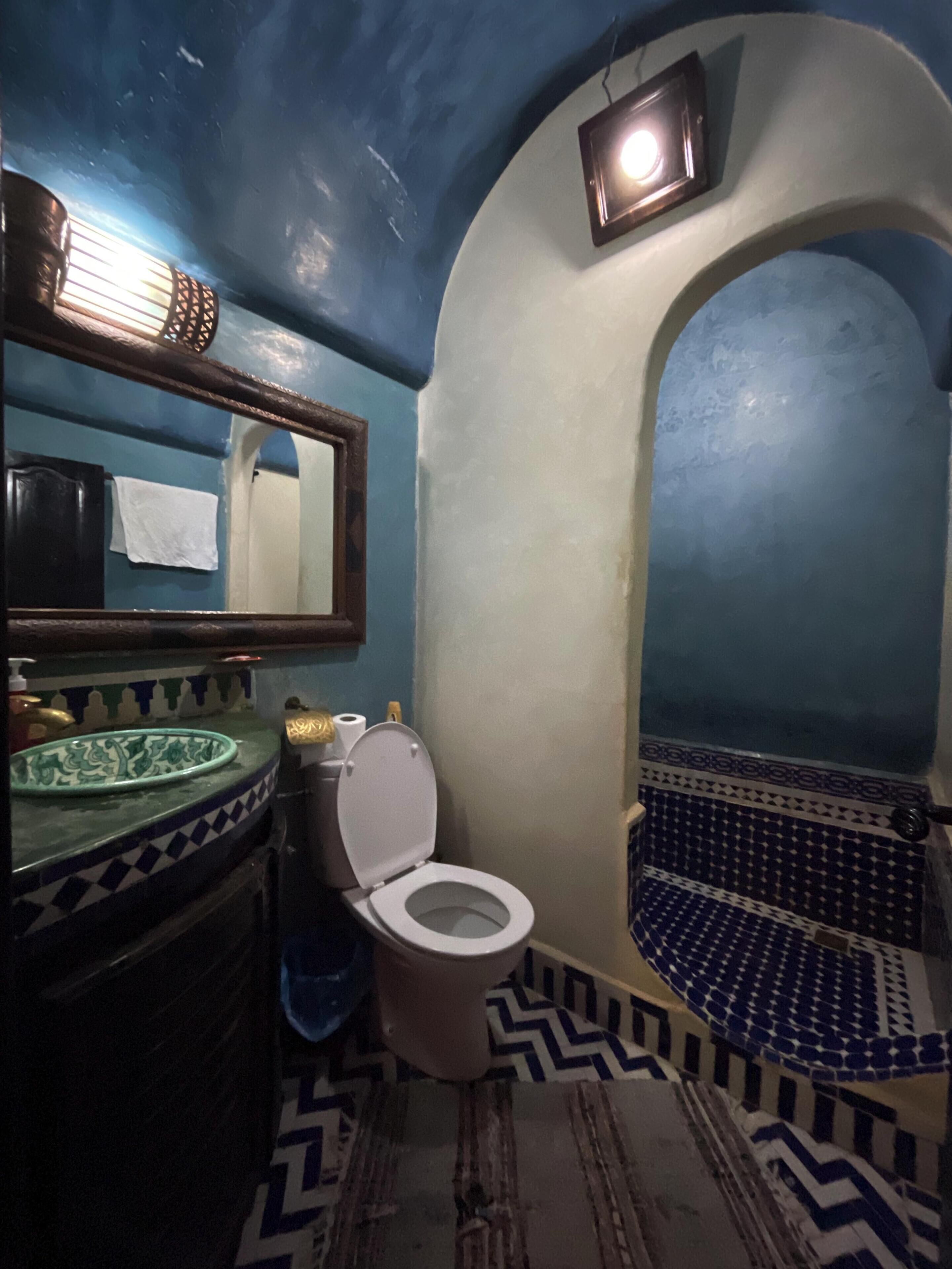 Un baño con suelo de baldosas azules y blancas, un inodoro blanco, un lavabo con lavamanos verde y un espejo con marco de madera.