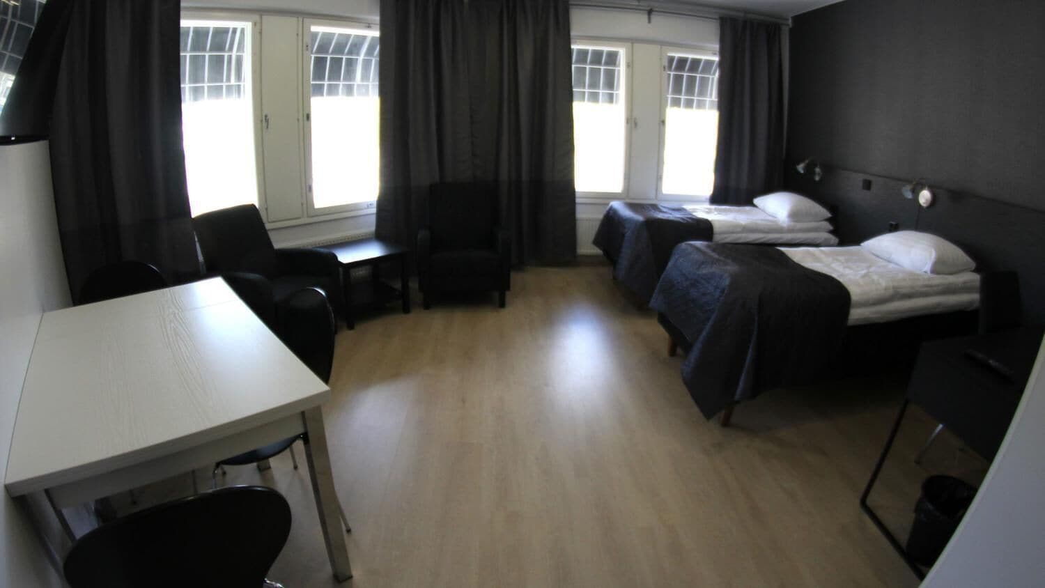 Desk, blackout drapes, soundproofing, iron/ironing board