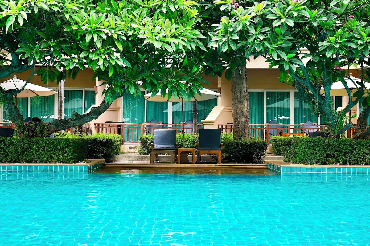 Una piscina con sillones de descanso y sombrillas, rodeada de exuberante vegetación y un edificio con amplios ventanales.