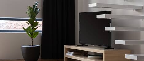 A modern living room with a flat-screen TV on a wooden stand, a potted plant, and a minimalist shelving unit against the wall.