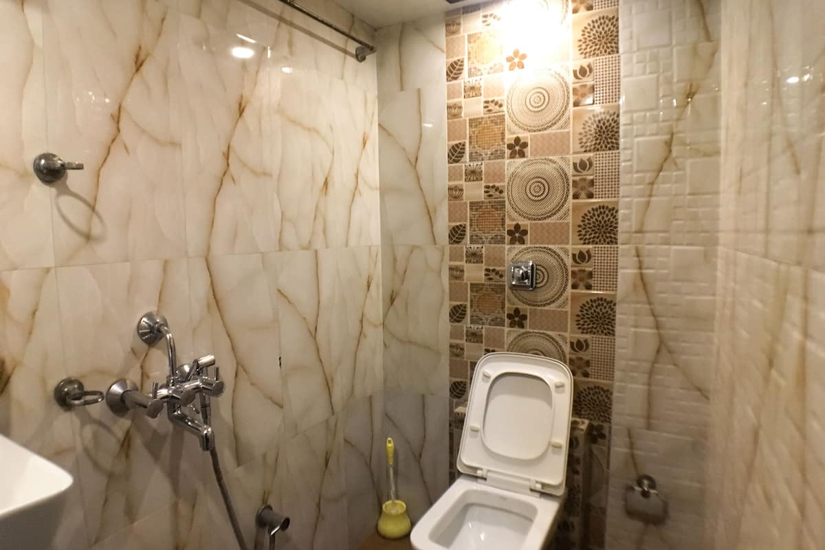 deluxe double room | bathroom | shower, hydromassage showerhead, free toiletries, hair dryer