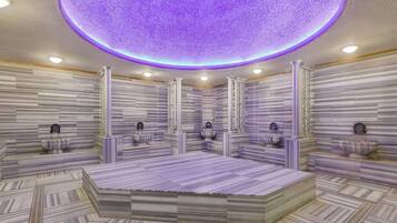 Sauna, steam room, hot stone massages, deep-tissue massages